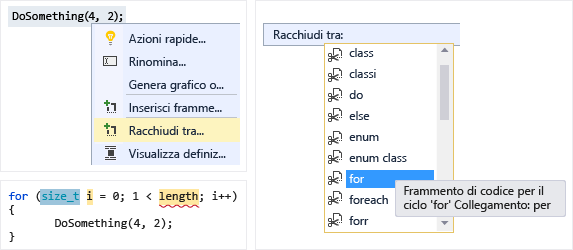 Screenshot del controllo a discesa Inserisci frammento di codice.