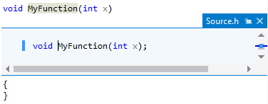 Screenshot che mostra una finestra popup contenente il file di intestazione Source.h con la dichiarazione creata: void MyFunction(int x);.