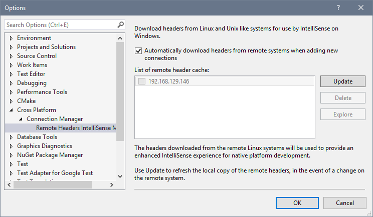 Screenshot che mostra la finestra di dialogo Opzioni con l'opzione Multipiattaforma > Gestione connessioni > Gestione intestazioni remote intelliSense selezionata.