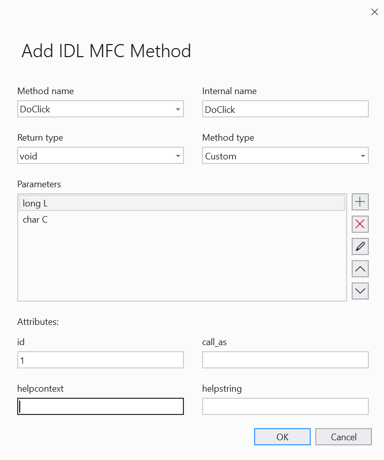 Interfaccia utente della procedura guidata. Nome metodo:DoClick, Nome interno:DoClick, Tipo restituito:void, Tipo di metodo:custom, Parameters:long l, char C, Attributes id:1.