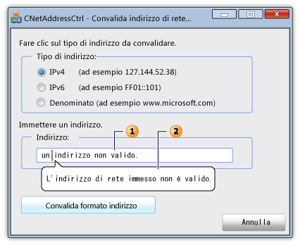 Finestra di dialogo con un controllo dell'indirizzo di rete e una descrizione informazioni.