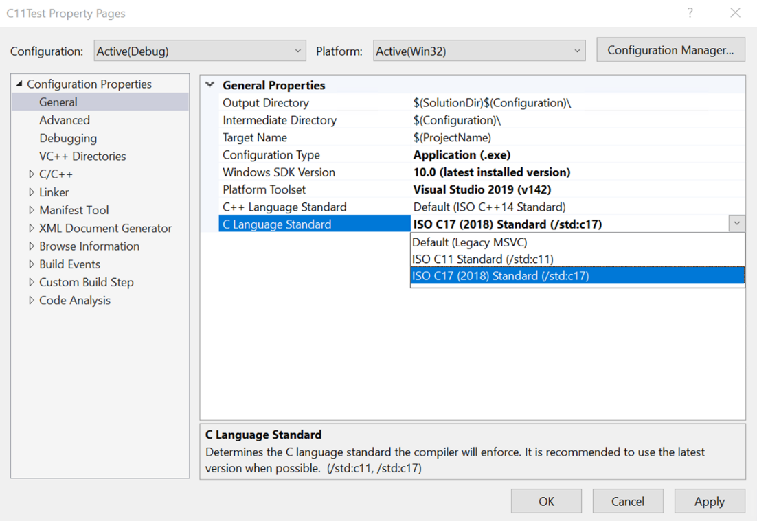 Screenshot della finestra di dialogo Pagine delle proprietà nella pagina Generale proprietà di configurazione, che mostra la selezione della proprietà Standard del linguaggio C come ISO C 17.