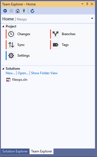 Screenshot della finestra Team Explorer in Visual Studio 2019.