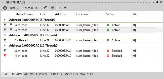 Finestra Thread GPU con thread raggruppati in base all'indirizzo.