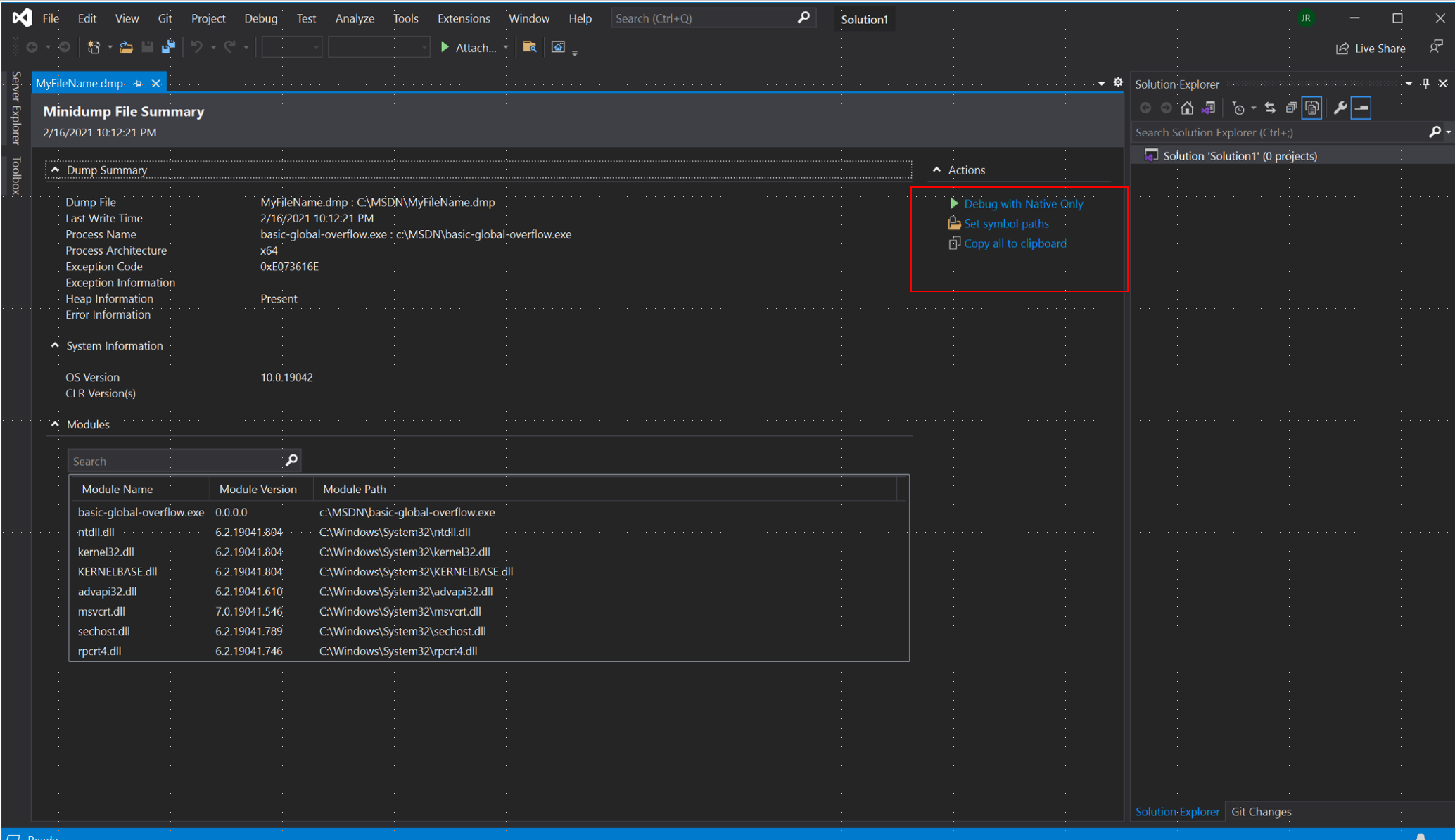 Screenshot della visualizzazione Riepilogo minidump in Visual Studio.