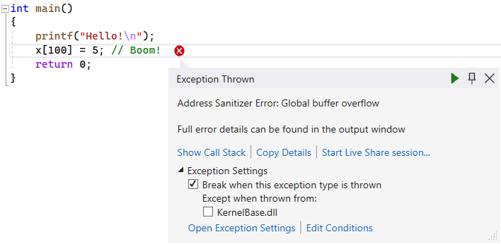 Screenshot del debugger che mostra un errore di overflow del buffer globale.