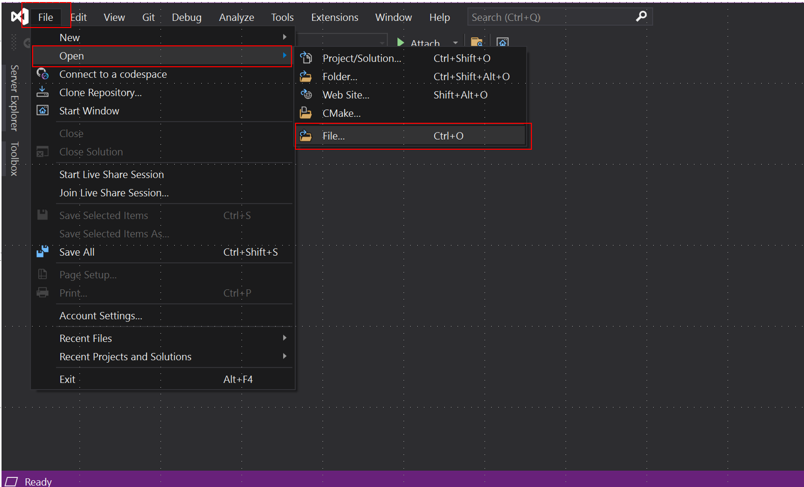 Screenshot del menu File Apri file in Visual Studio.