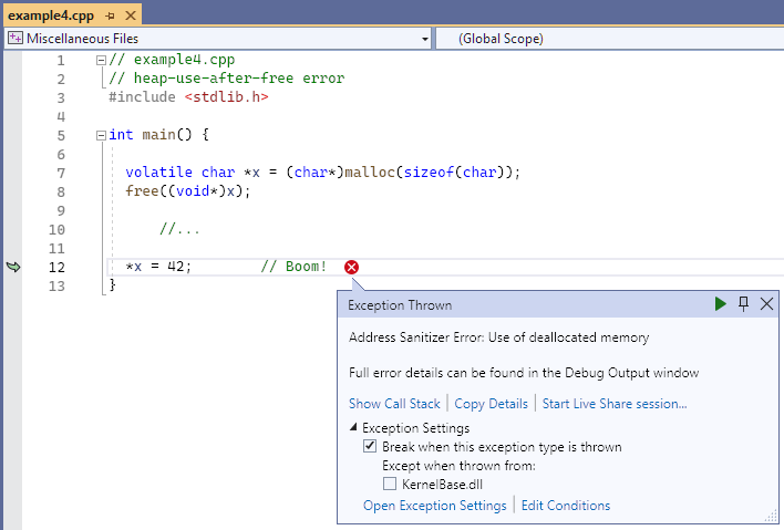 Screenshot del debugger che mostra un uso dell'errore di memoria deallocata nell'esempio 4.
