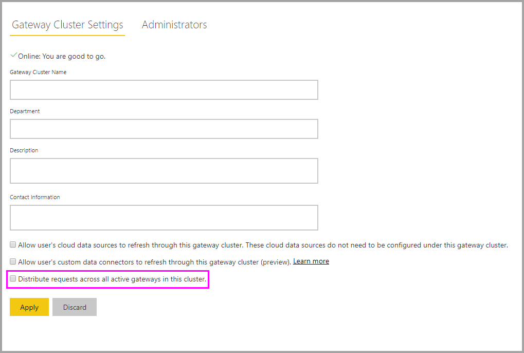 Impostazioni del cluster gateway.