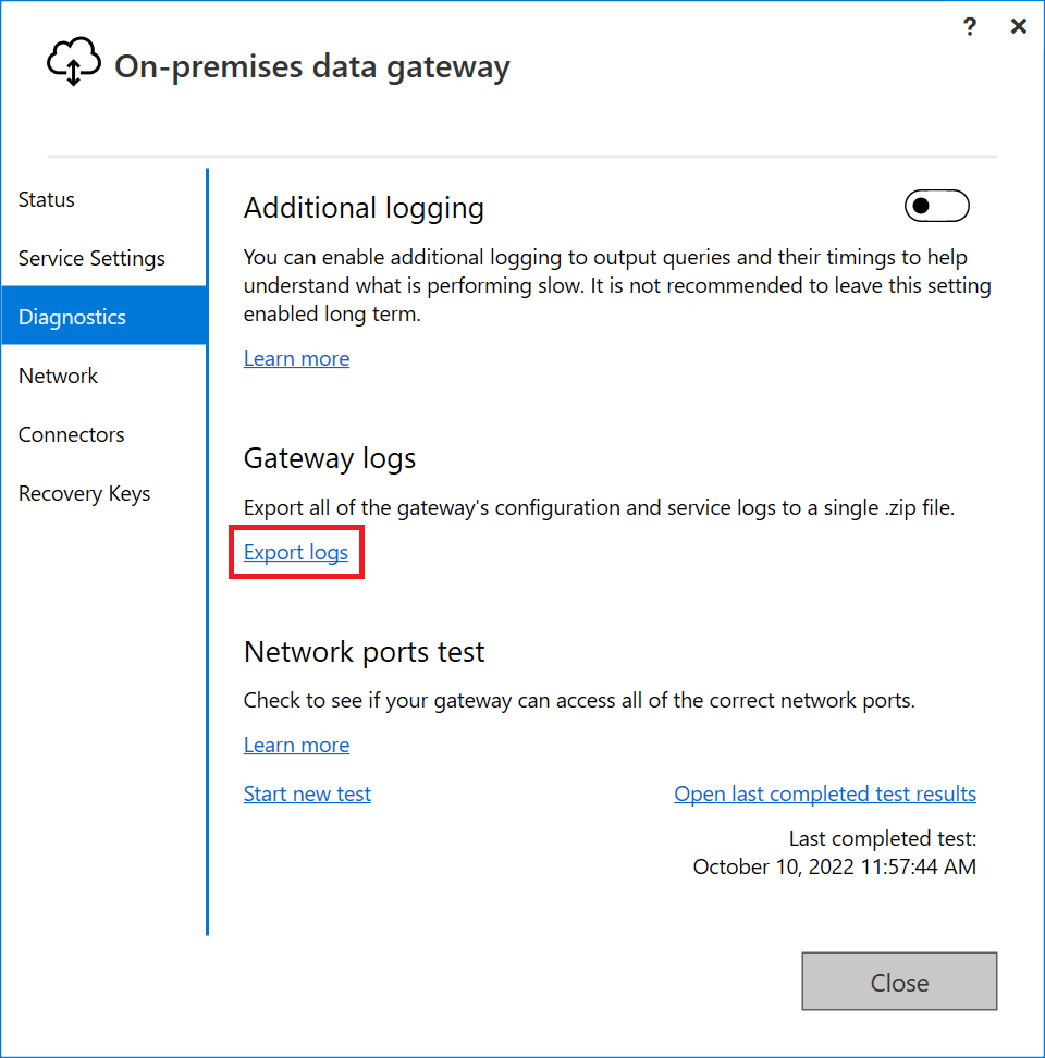 Log delle app del gateway dati locale.