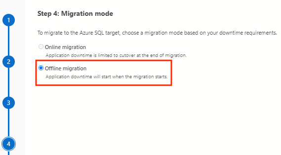 Screenshot che mostra la selezione delle migrazioni offline.