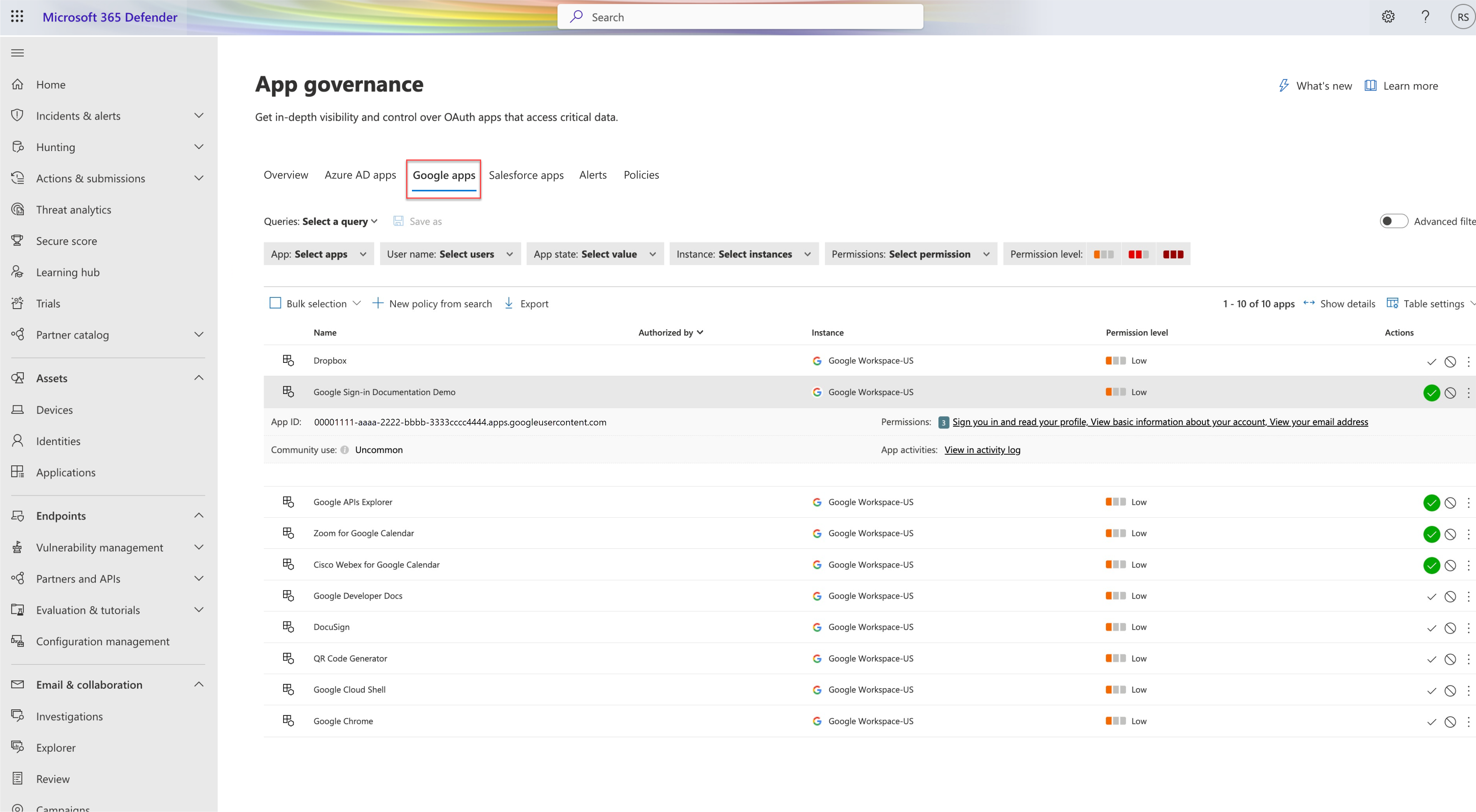 Screenshot della scheda Google Apps