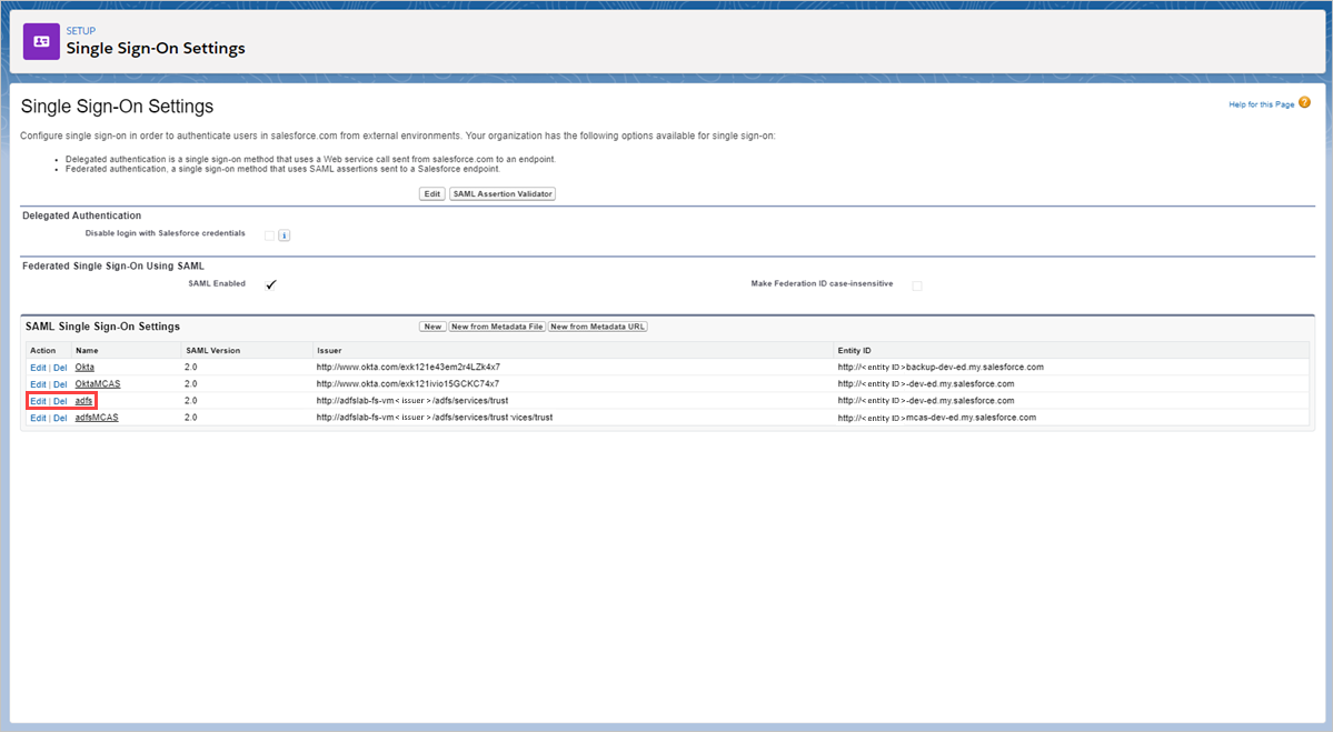 Selezionare Salesforce SSO settings (Impostazioni SSO di Salesforce).