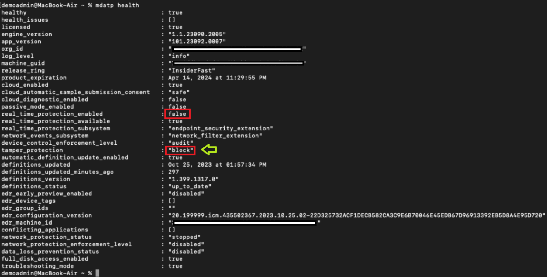 Screnshot che mostra lo screenshot del report di output dell'integrità mdatp in esecuzione.