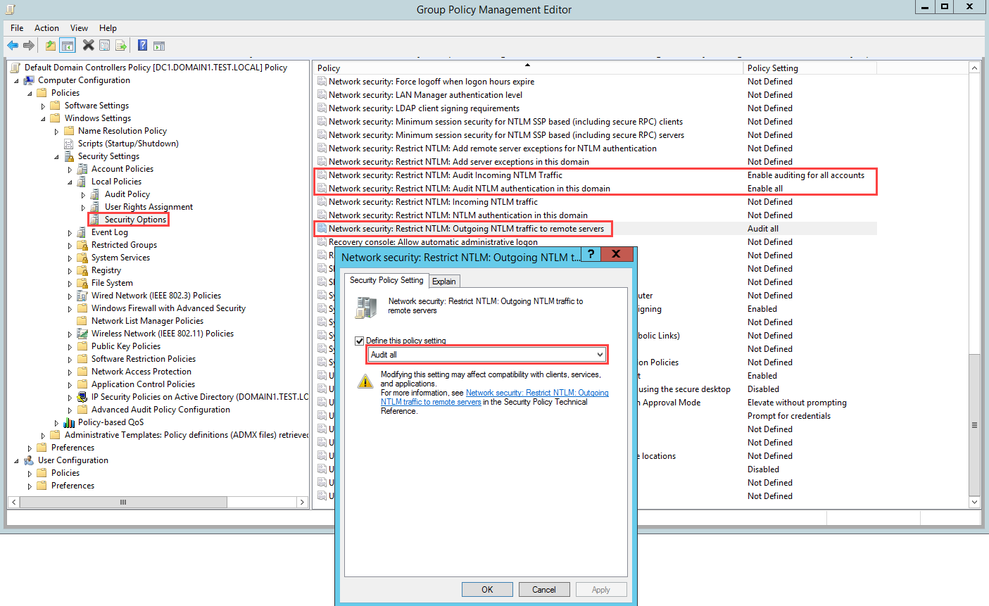 Screenshot della configurazione Controlla traffico NTLM in uscita verso i server remoti.