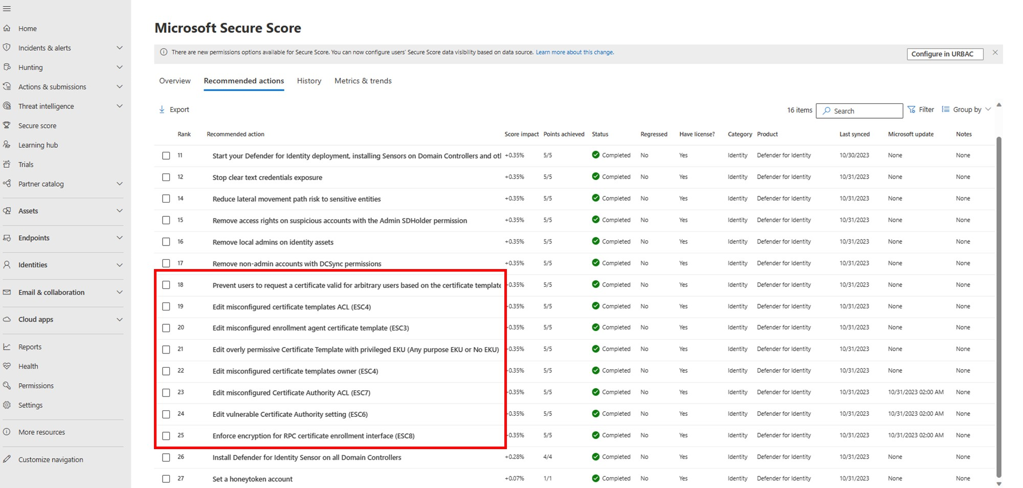 Screenshot delle nuove valutazioni del comportamento di sicurezza di Servizi certificati Active Directory.