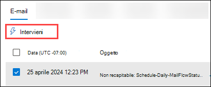 Screenshot della visualizzazione Posta elettronica (scheda) della tabella dei dettagli con un messaggio selezionato e Azione attiva.