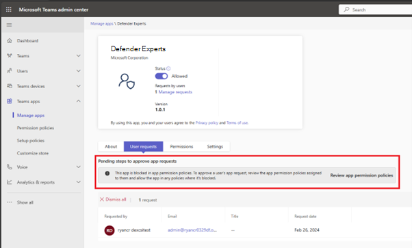 Screenshot dell'immagine delle autorizzazioni dell'app Defender Experts bloccate in Teams.