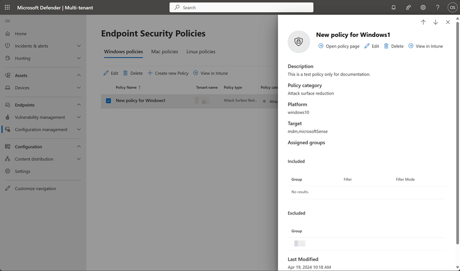 Screenshot della pagina dei criteri di sicurezza degli endpoint del riquadro di modifica nella gestione multi-tenant in Microsoft Defender XDR.