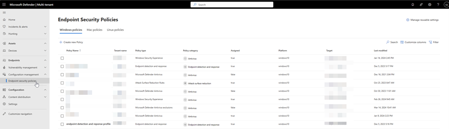 Screenshot della pagina dei criteri di sicurezza degli endpoint nella gestione multi-tenant in Microsoft Defender XDR.