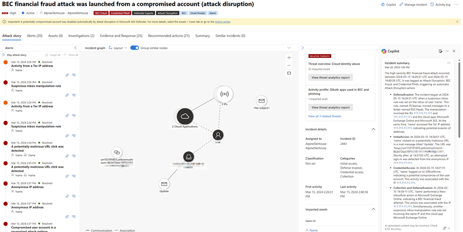 Screenshot che mostra la scheda di riepilogo degli eventi imprevisti nel riquadro Copilot, come illustrato nella pagina dell'evento imprevisto Microsoft Defender.