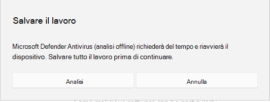 Screenshot della richiesta dello schermo per salvare tutto il lavoro prima di continuare.