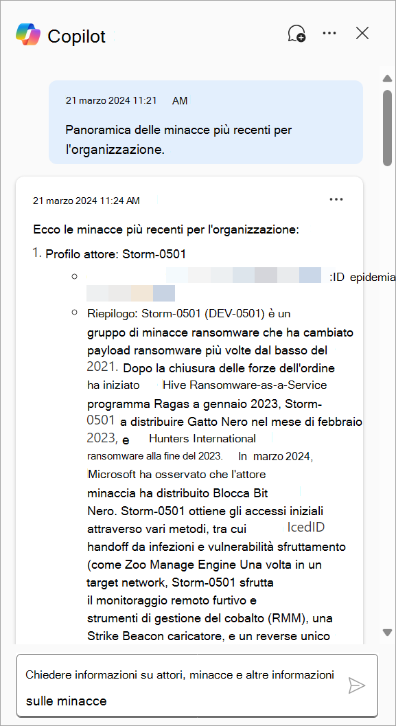 Screenshot che mostra la risposta generata da Copilot in Defender.