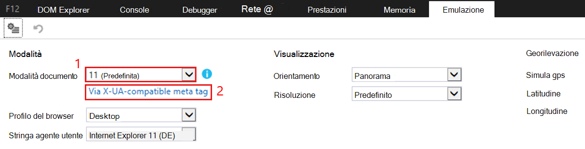 Scheda Emulazione nella visualizzazione DevTools