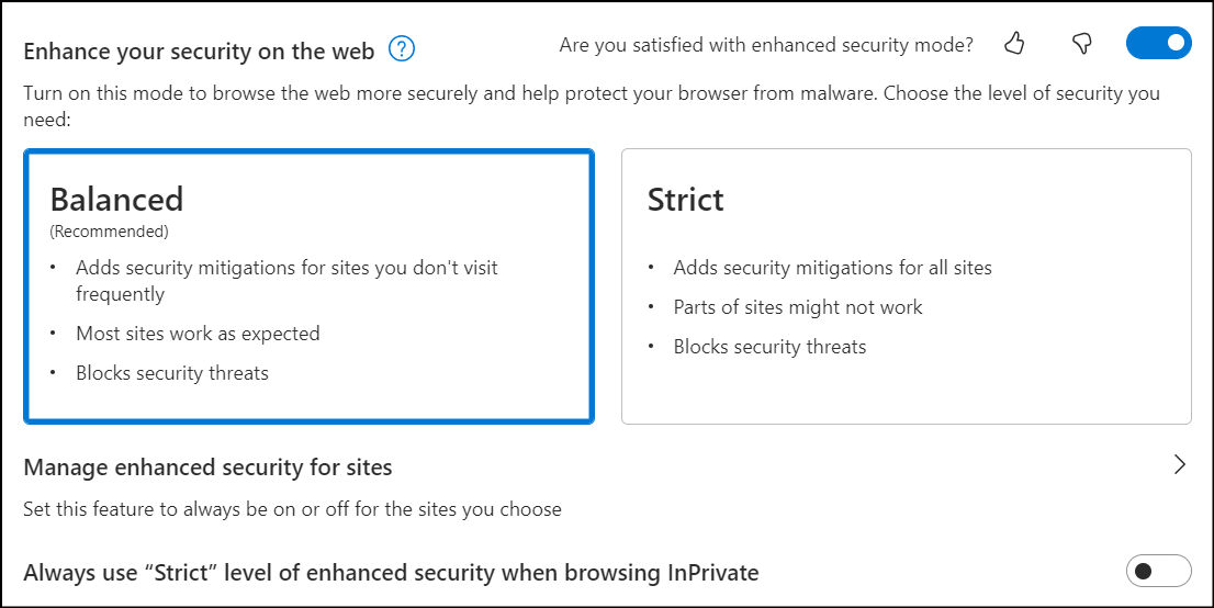 Finestra di dialogo per configurare la sicurezza bilanciata sul Web.