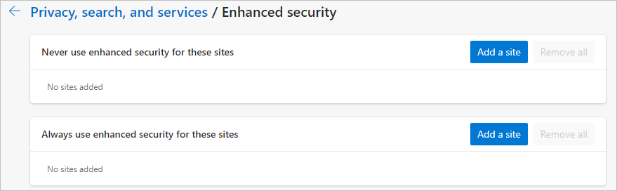 Impostazioni della pagina per la configurazione delle eccezioni di sicurezza