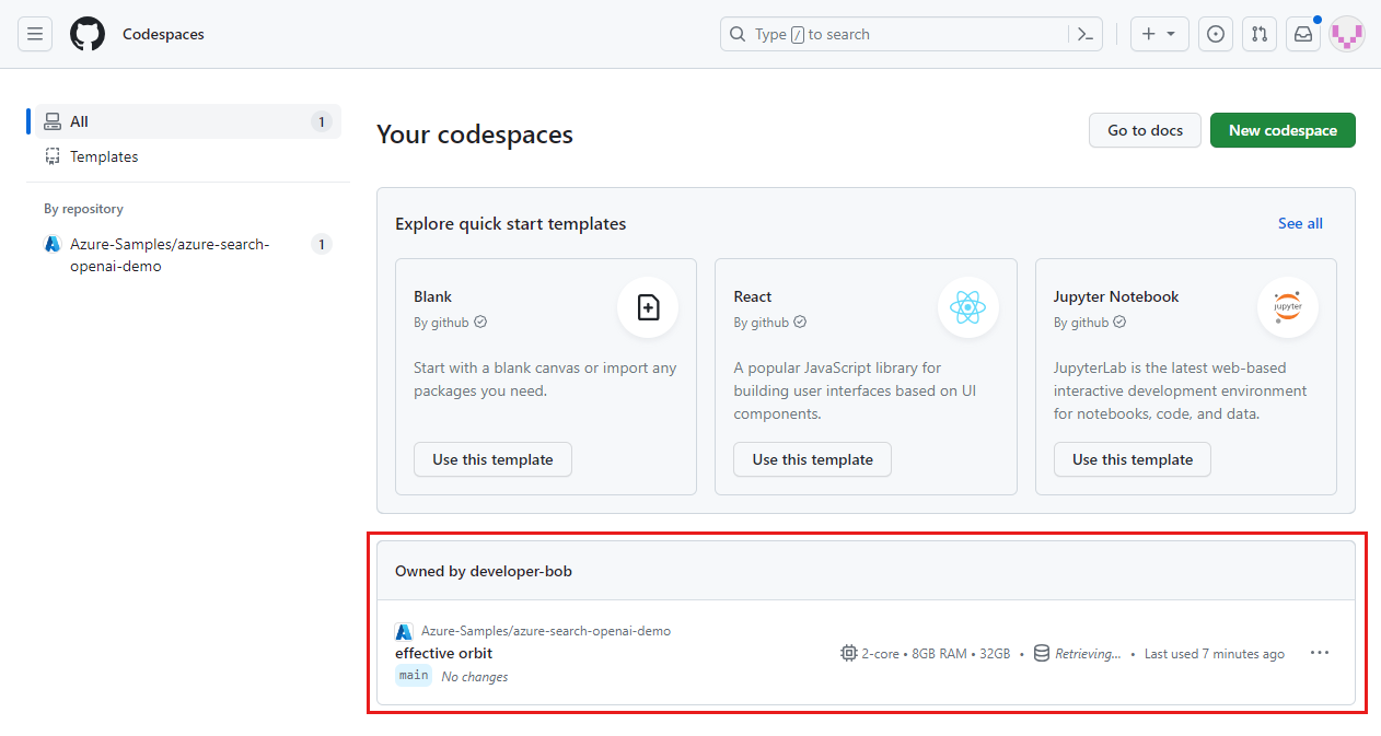 Screenshot di tutti i codespace in esecuzione, inclusi lo stato e i modelli.