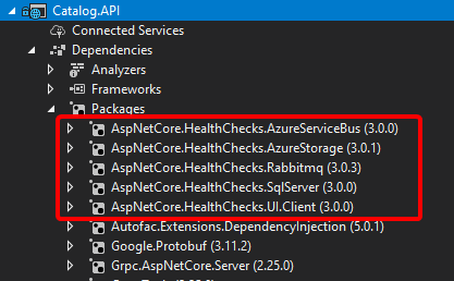 Screenshot dei pacchetti NuGet AspNetCore.Diagnostics.HealthChecks.