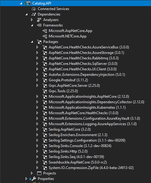 Screenshot di Visual Studio che mostra le dipendenze NuGet di Catalog.Api.