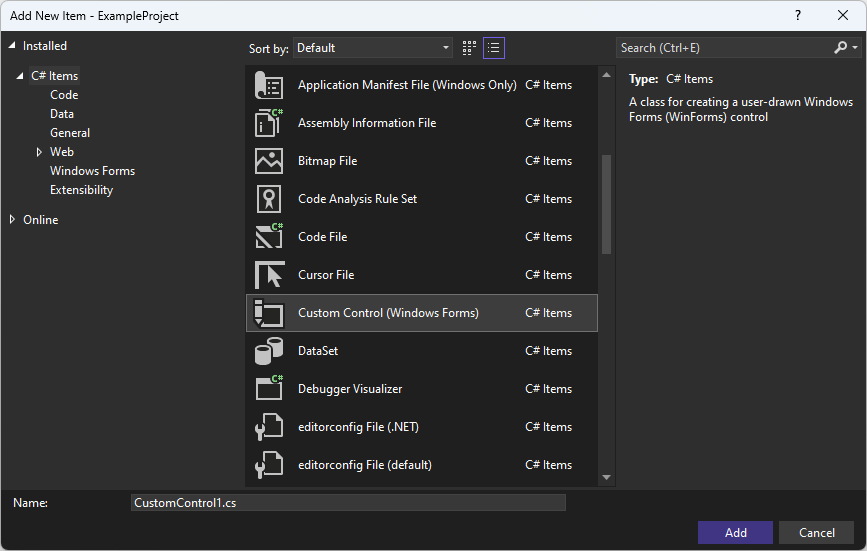 Finestra di dialogo Aggiungi elemento in Visual Studio per Windows Form