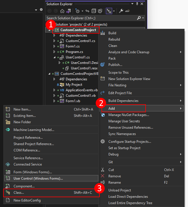 Fare clic con il pulsante destro del mouse su Esplora soluzioni di Visual Studio per aggiungere un controllo utente a un progetto di Windows Form