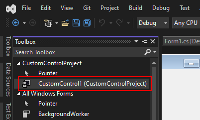 Finestra casella degli strumenti di Visual Studio per Windows Form che mostra un controllo personalizzato.