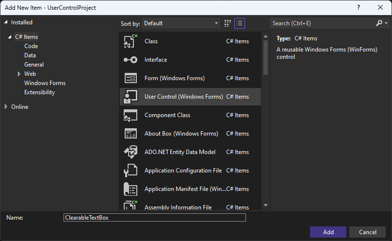 Finestra di dialogo Aggiungi elemento in Visual Studio per Windows Form