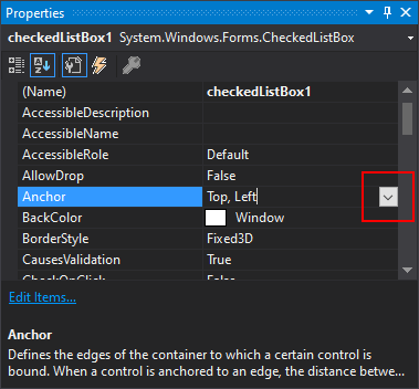 Riquadro Proprietà di Visual Studio per .NET Windows Form con la proprietà Anchor visualizzata.