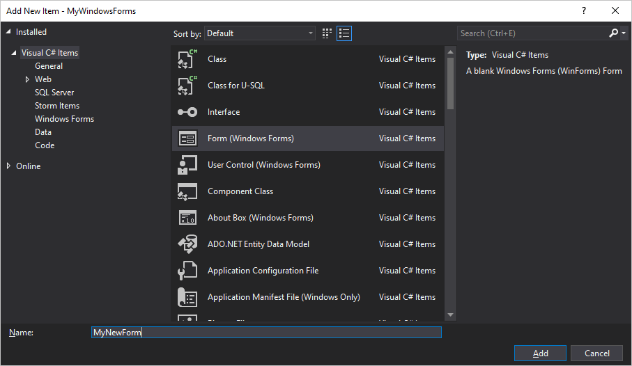 Finestra di dialogo Aggiungi elemento in Visual Studio per Windows Form