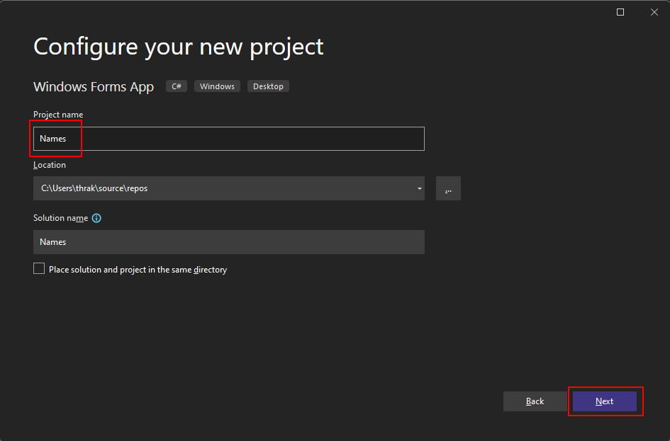 Configurare il nuovo progetto Windows Form in Visual Studio 2022 per .NET.