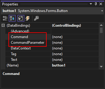 La finestra delle proprietà di Visual Studio evidenzia le proprietà Command e CommandParameter di un Windows Form.