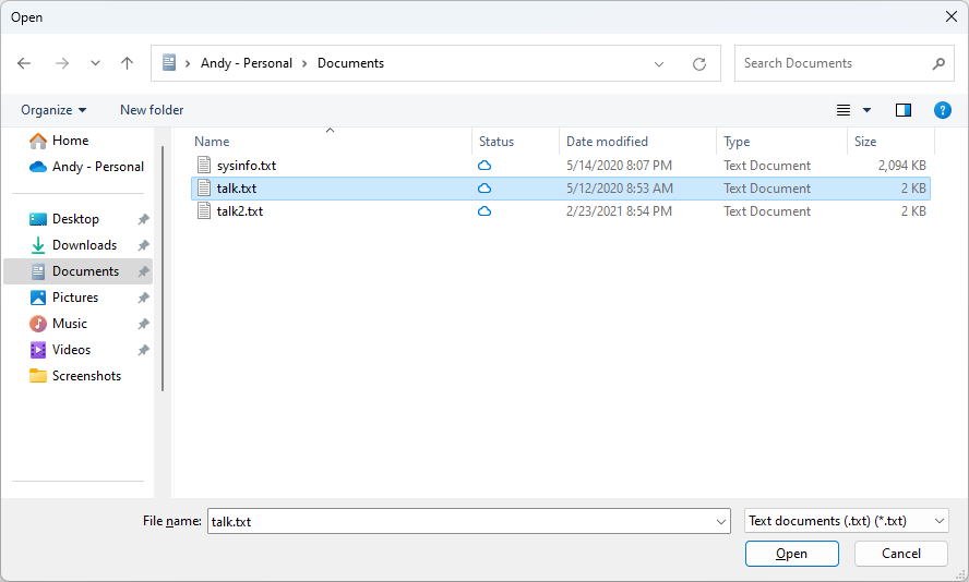 Finestra di dialogo Apri che mostra il percorso per recuperare il file visualizzato da un'applicazione WPF.