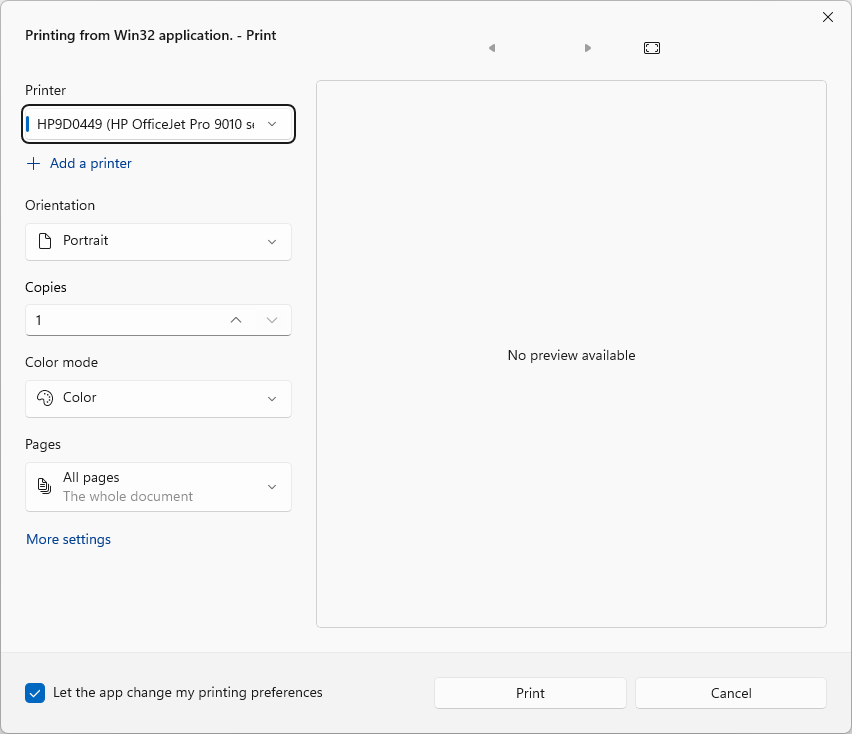 Finestra di dialogo stampa visualizzata da un'applicazione WPF.