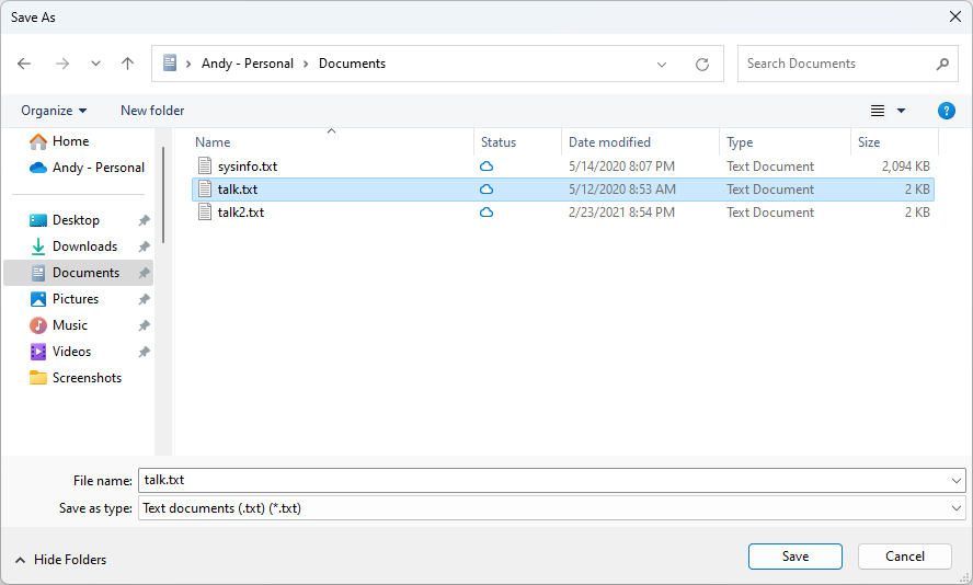 Finestra di dialogo Salva con nome che mostra il percorso in cui salvare il file visualizzato da un'applicazione WPF.