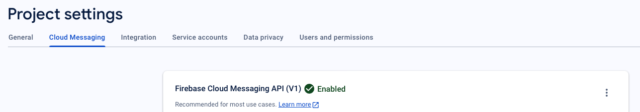 Screenshot che conferma che Firebase Cloud Messaging V1 è abilitato.