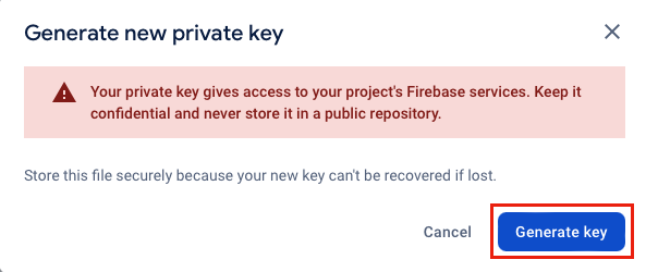 Screenshot della generazione di una nuova chiave privata nella console di Firebase Cloud Messaging.