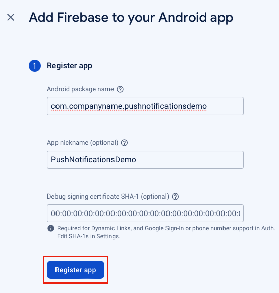 Screenshot della registrazione dell'app Android con Firebase.