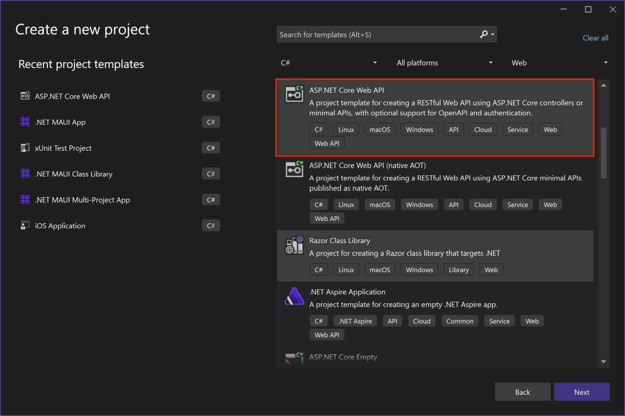 Screenshot della creazione di un nuovo progetto API Web di ASP.NET Core in Visual Studio.
