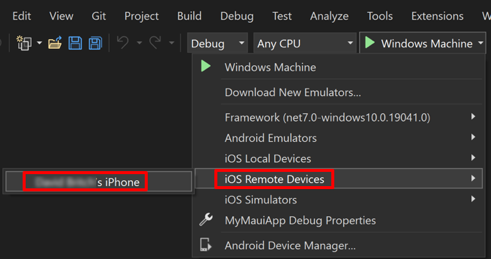 Selezionare il dispositivo remoto in Visual Studio.