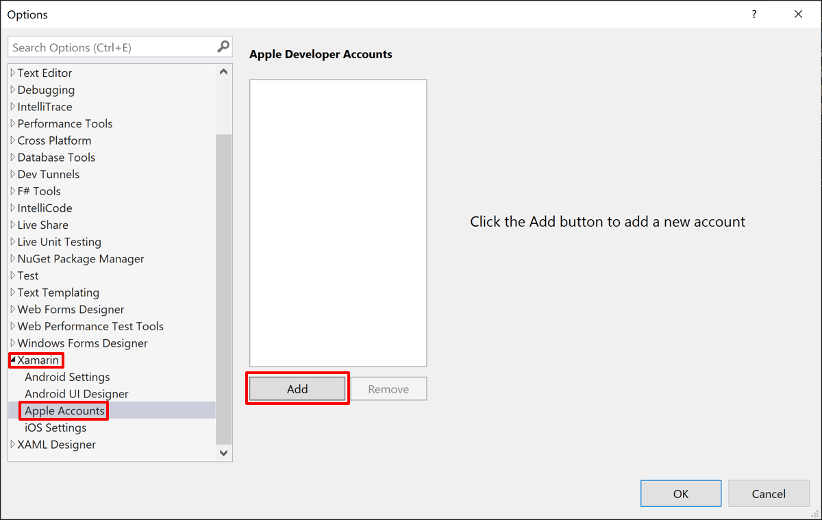 Aggiungere un account sviluppatore Apple a Visual Studio.